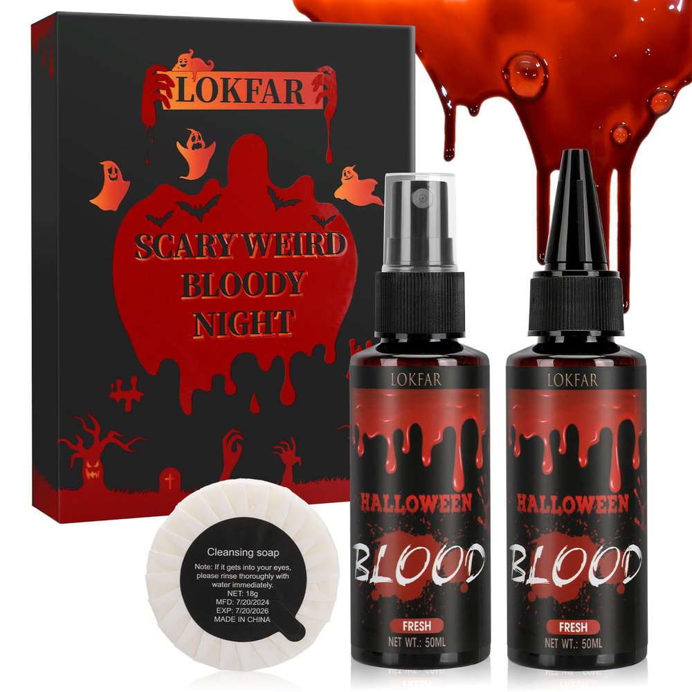 4 IN 1 Fake Blood KitFake Blood 1.69oz X2 + Spray Head+Dripping Head+Cleaning SoapWashableRealistic EffectSkin FriendlyProfessional Fake Blood Makeup Kit For Halloween/CosplayFresh X2