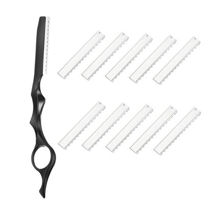 11Pcs Hair Styling Thinning Razor Set - 1 Razor, Thinning Comb, Texturizing Cutting Razor and 10 Replacement Stainless Steel Blades for Salon & Home Use (Black)