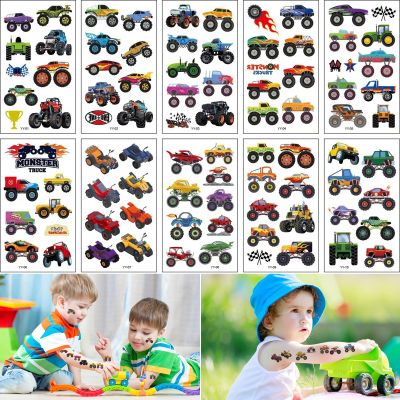 10 Sheets Monster Truck Temporary Tattoos,Fake Tattoo Stickers for Boys Party Favors Supplies,Cool Racing Cars Checkered Flag,Flames Tattoos Waterproof Tattoo Sticker Decor