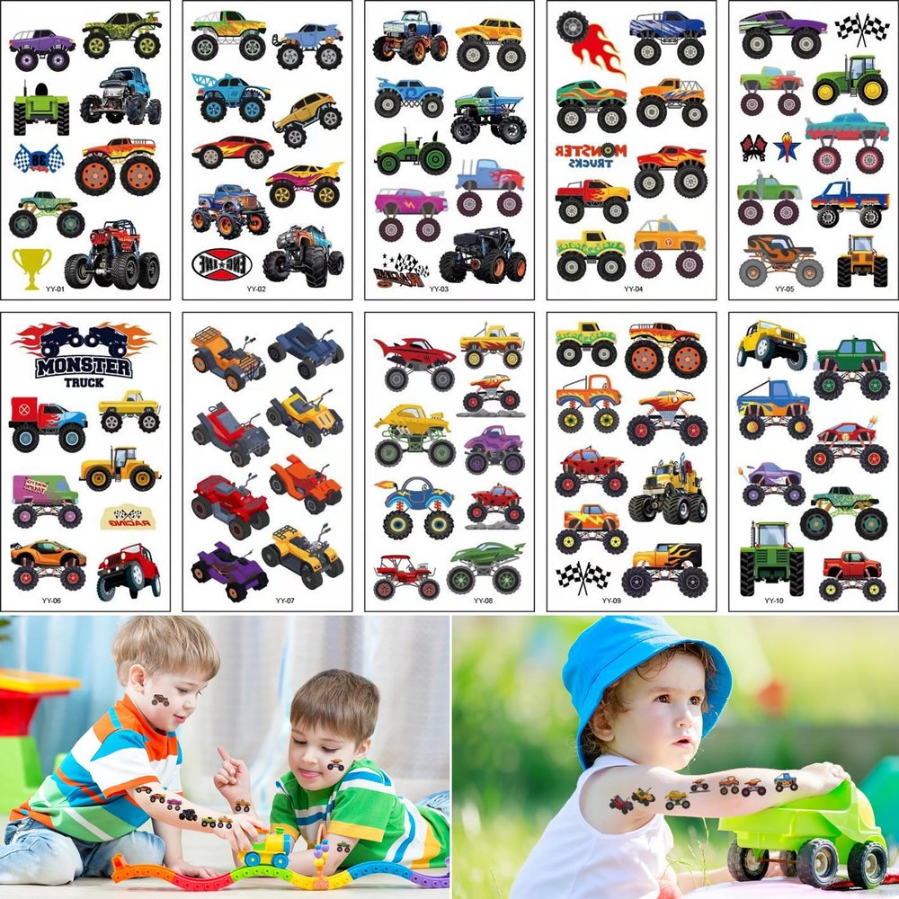10 Sheets Monster Truck Temporary Tattoos,Fake Tattoo Stickers for Boys Party Favors Supplies,Cool Racing Cars Checkered Flag,Flames Tattoos Waterproof Tattoo Sticker Decor