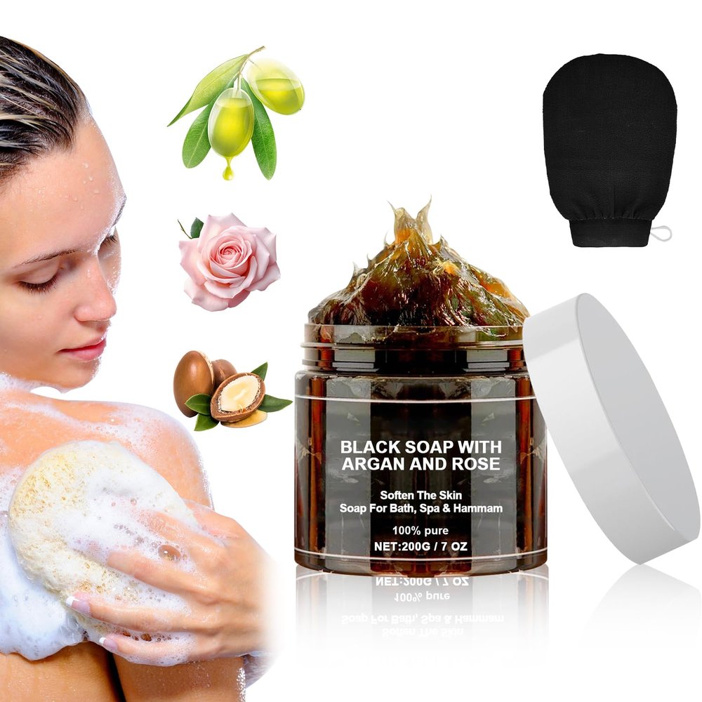 Morocco Black Soap with Argan and Rose, Morocco Black Beldi Bar Exfoliating Soaps, Moroccan Black Soap Hammam, Moroccos Body Scrub with Exfoliating Glove