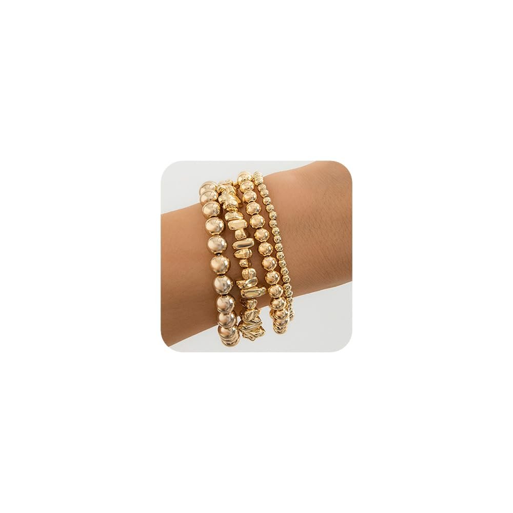 fxmimior 4Pcs Fashion Boho Beads Stackable Bracelets Dainty Simple Silver Gold Chain Bracelets Set for Women Adjustable Chunky Flat Cable Chain Beads Punk Bracelets for Women (Gold)