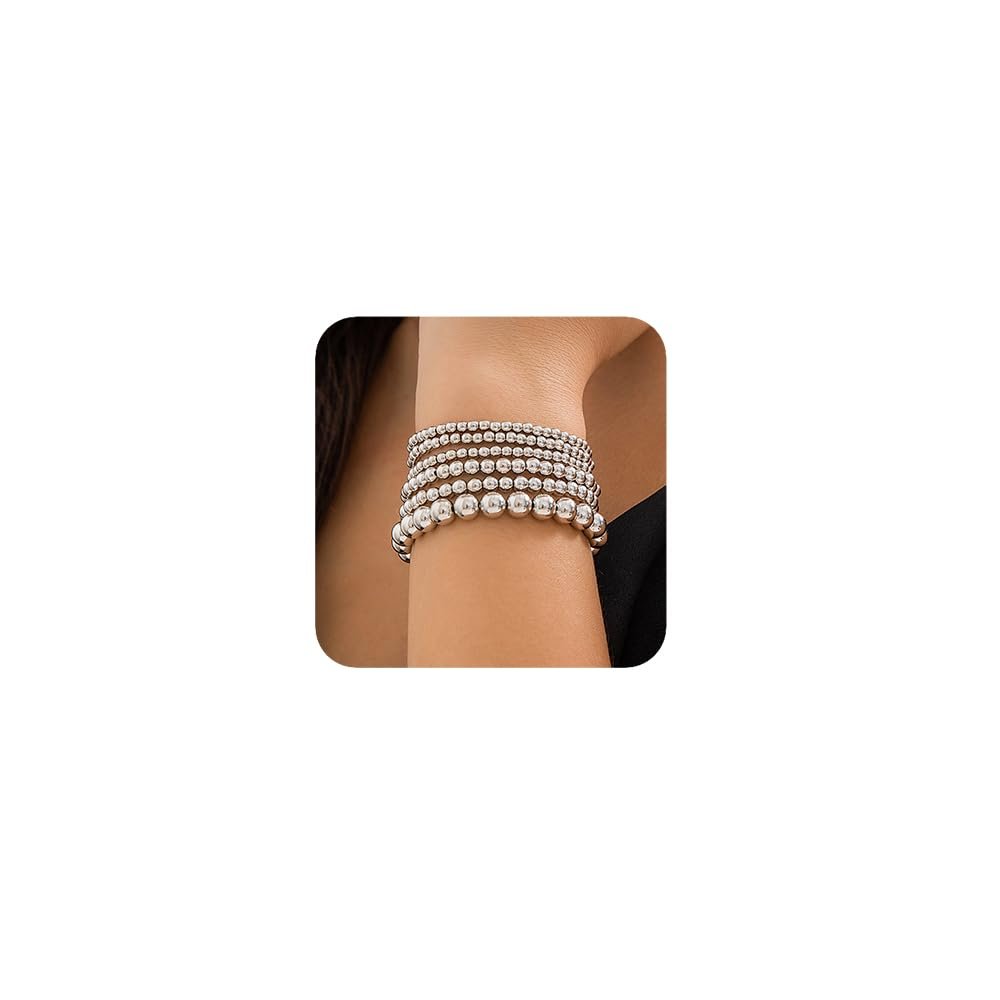 fxmimior Fashion Boho Dainty Beads Bracelets Simple Silver Gold Chain Bracelets Set for Women Adjustable Chunky Flat Cable Chain Beads Punk Bracelets for Women 6Pcs (Silver)