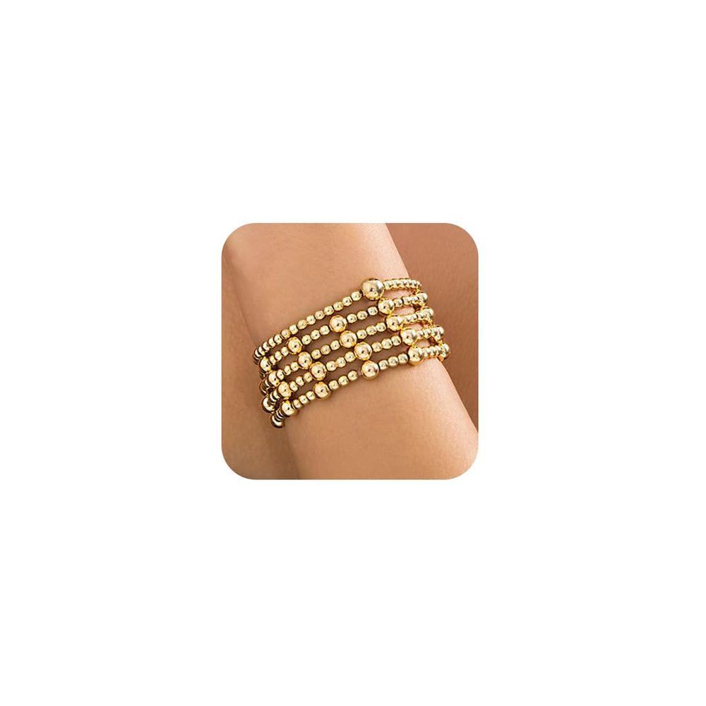 fxmimior 5Pcs Fashion Boho Beads Stackable Bracelets Dainty Simple Silver Gold Chain Bracelets Set for Women Adjustable Chunky Flat Cable Chain Beads Punk Bracelets for Women (Gold)
