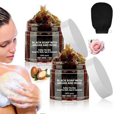 Morocco Black Soap with Argan and Rose, Morocco Black Beldi Bar Exfoliating Soaps, Moroccan Black Soap Hammam, Moroccos Body Scrub with Exfoliating Glove, 2 PCS