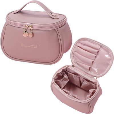 Makeup Bag, Portable Cosmetic Bag, Large Capacity Travel Makeup Organizer, Leather Cosmetic Brush Case for Women Toiletry Bag for Girls with Handle and Divider (Light Pink)