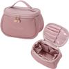 Makeup Bag, Portable Cosmetic Bag, Large Capacity Travel Makeup Organizer, Leather Cosmetic Brush Case for Women Toiletry Bag for Girls with Handle and Divider (Light Pink) view 1