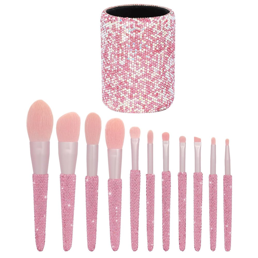 Professional Makeup Brushes Set 11PCS Bling Rhinestone & Round Crystal Pencil Pen Pot Holder Box Pink