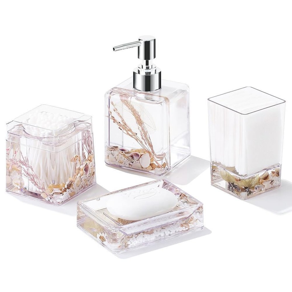 MAKEJ Floating Dried Flower Bathroom Decoration Supplies Hand Sanitizer Bottle Cotton Swab Box Set(E)