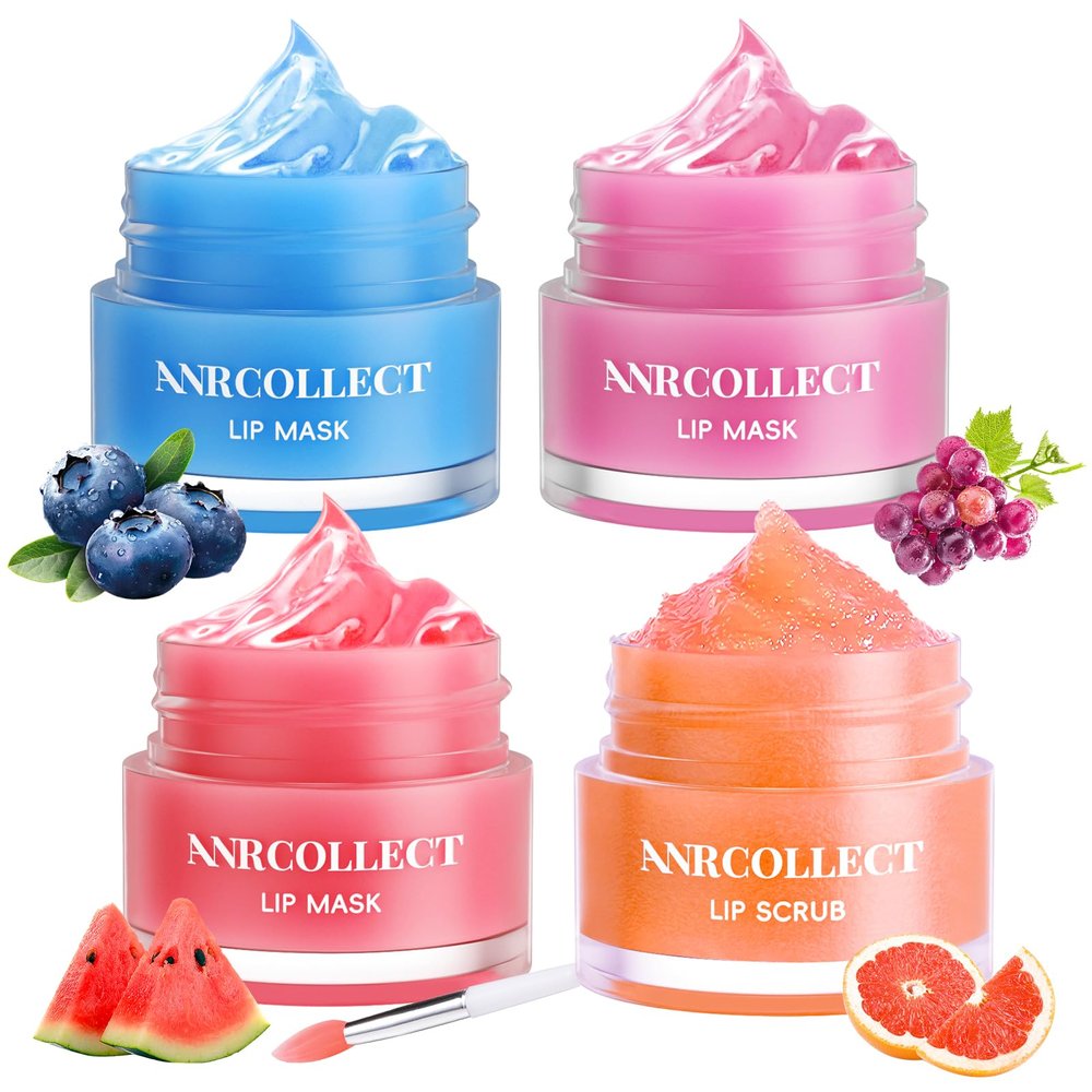 ANRCOLLECT Lip Mask Set, 1 Lip Scrub +3 Overnight Lip Mask, Lip Glowy Balm and Scrub for Women, Exfoliating and Hydrating Dry, Chapped, Crack Lips, 4 Pack Lip Skincare Gift Set, Teen Girl Gifts