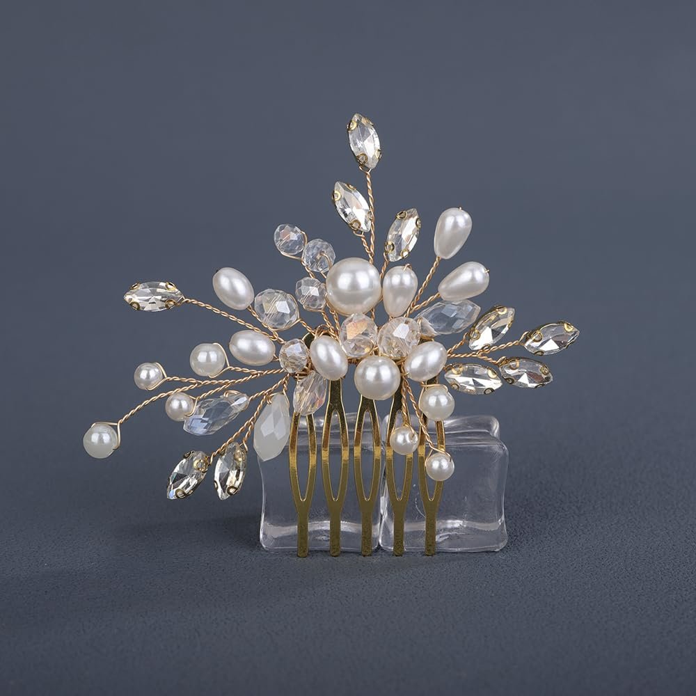 BERYUAN Crystal Rhinestone Pearls Wedding Hair Comb Birdal Rhinestone Pearls Headpiece Silver Gold Rose Gold Crystal Rhinestone Bridal Wedding Comb for Women (gold)