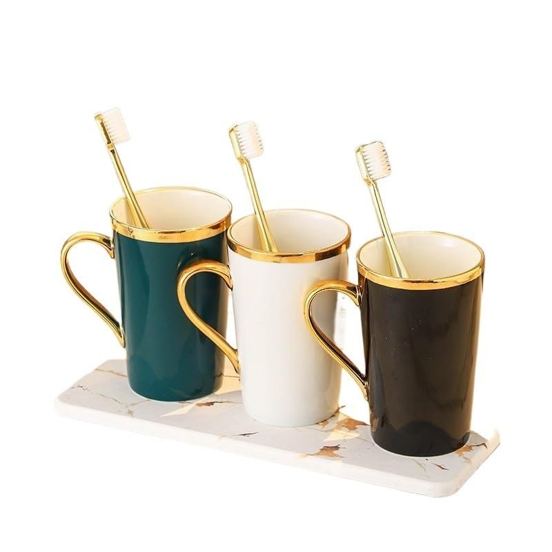 MAKEJ Gargle Cup Set Home Bathroom Gold Tracing Ceramic Washing-up Cup Diatom Mud Mat(Black)