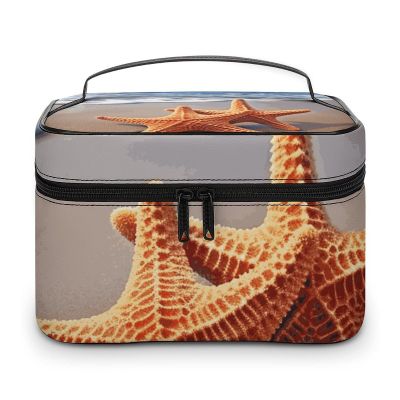 NWTRJ Starfish on The Beach Travel Makeup Bag Portable Waterproof Cosmetic Bag PU Leather Makeup Brush Holder Toiletry Bag for Women Ladies
