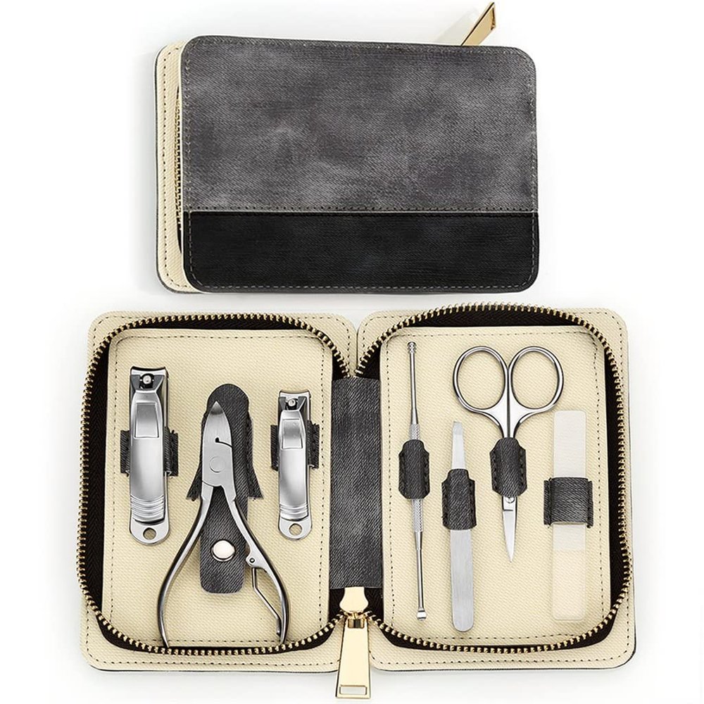 MAKEJ Professional Manicure Set Nail Clippers kit 7 PCS Stainless Steel Grooming Kit Nail Care Tools with Travel Case Kit(Gray)