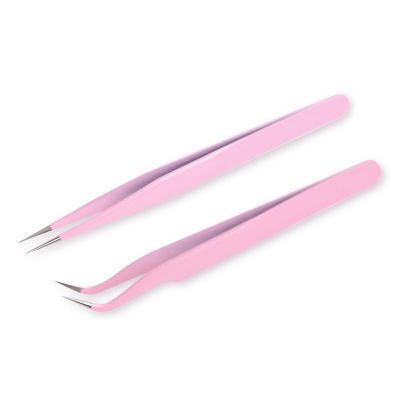 siyuwuro 2Pcs High Precision Stainless Steel Tweezers Set Straight and Curved Tip Eyelash Tweezers Kit Nippers for Eyelash Extensions, Nail Art, DIY Crafts, Jewelry-Making, Model (Pink)