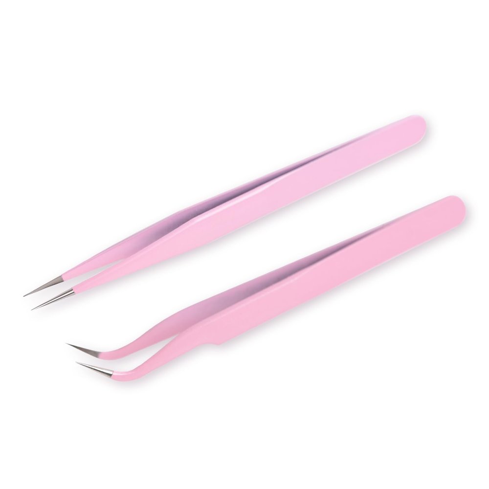 siyuwuro 2Pcs High Precision Stainless Steel Tweezers Set Straight and Curved Tip Eyelash Tweezers Kit Nippers for Eyelash Extensions, Nail Art, DIY Crafts, Jewelry-Making, Model (Pink)