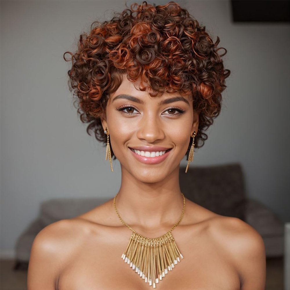Put On & Go 180% Density Curly Pixie Cut Wig Short Bob Wig for Black Women Hair Wig Glueless None Lace Front Wig Layered Full Machine Made Wig (4/350#)