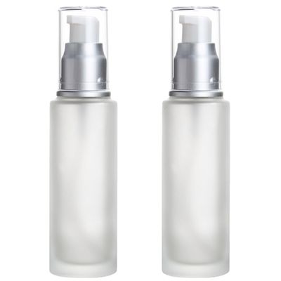 2Pcs 120ml/4oz Empty Transparent Frosted Glass Lotion Pump Bottle with White Pump Refillable Cream Dispenser Press Bottle Travel Cosmetic Container for Makeup Foundation Essential Oil