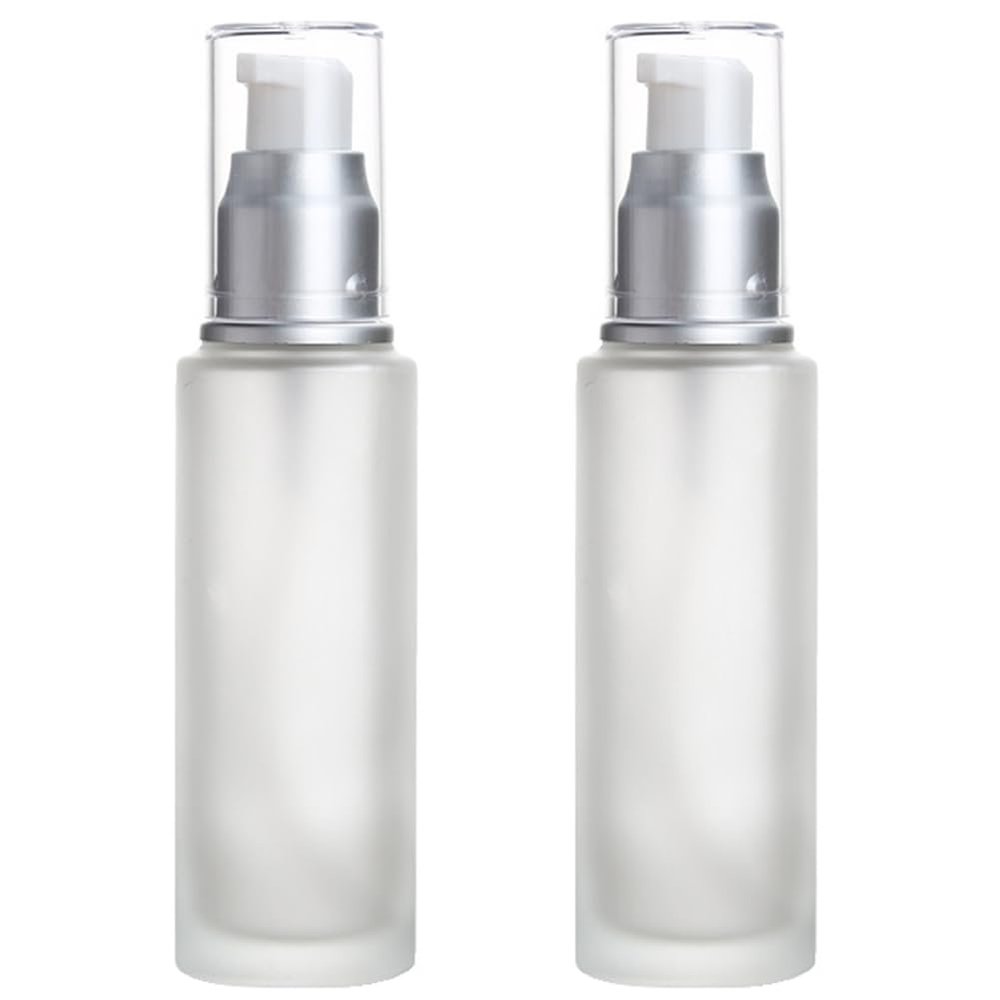 2Pcs 120ml/4oz Empty Transparent Frosted Glass Lotion Pump Bottle with White Pump Refillable Cream Dispenser Press Bottle Travel Cosmetic Container for Makeup Foundation Essential Oil