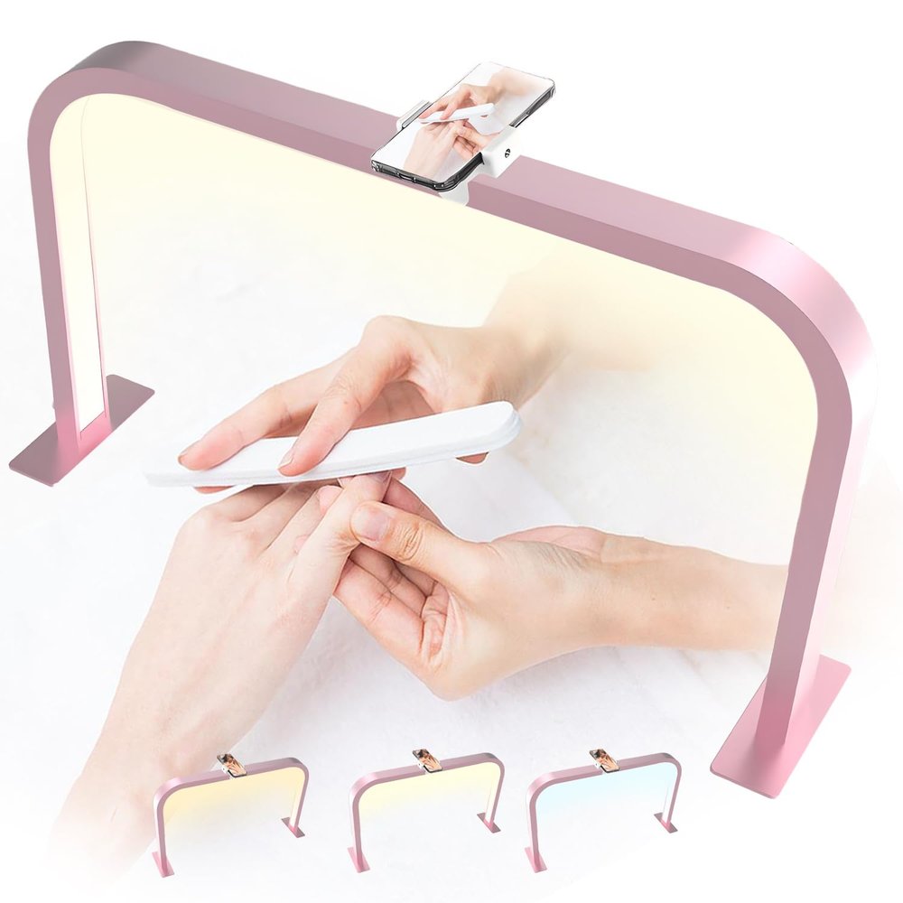zyiesrsq Half Moon Nail Desk Lamp, 45W LED Nail Tech Desk Light with Phone Holder, Half Moon Nails Light 3000-6000K Adjustable Brightness, Nails Table Arch Lamp, for Manicure Lash Eyelas (Pink)