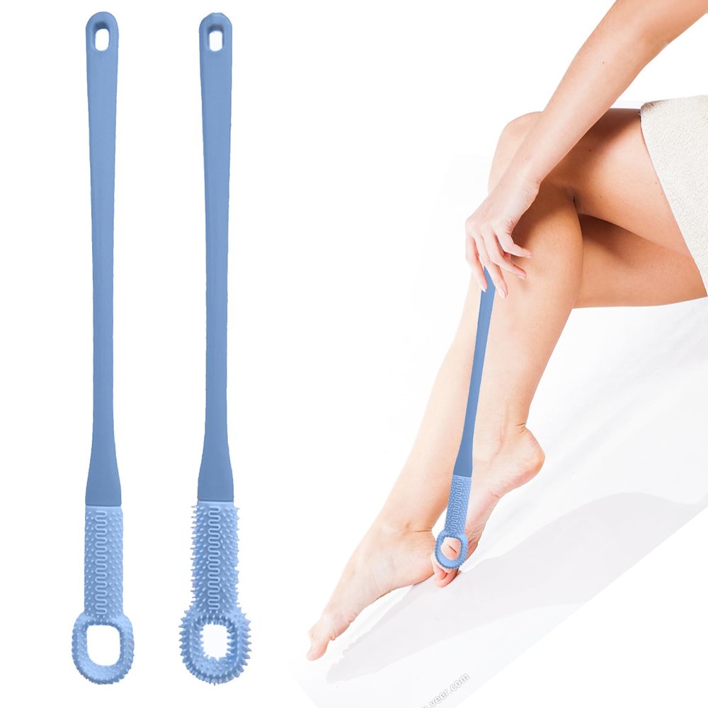 2 PCS Toe Cleaning Brush,Silicone Foot Scrubber Exfoliating Brush for Shower Handle Soft Cleaning Bath Brush Feet Cleaner Scrub Foot Care for Seniors,Elderly, Men and Women 15.7"-Blue