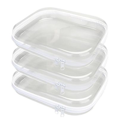 3PCS Clear Hard Plastic Zipper Case, Double Zippers Hard Pouch, Portable Travel Organizer Bin Clear Makeup Bag for Toy Storage, Snack Bag, Cosmetics, Pencil Case, Diaper Bag, Toiletry Bag (3PCS-M)