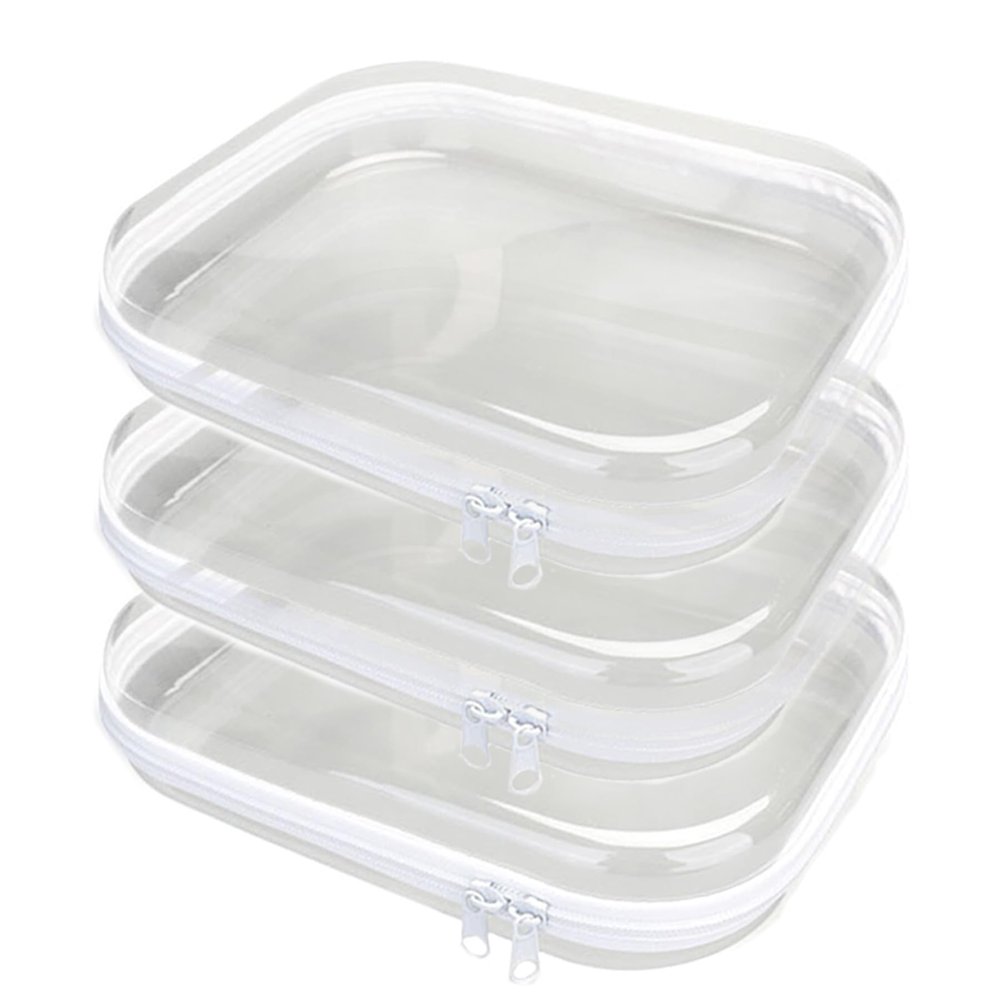 3PCS Clear Hard Plastic Zipper Case, Double Zippers Hard Pouch, Portable Travel Organizer Bin Clear Makeup Bag for Toy Storage, Snack Bag, Cosmetics, Pencil Case, Diaper Bag, Toiletry Bag (3PCS-M)