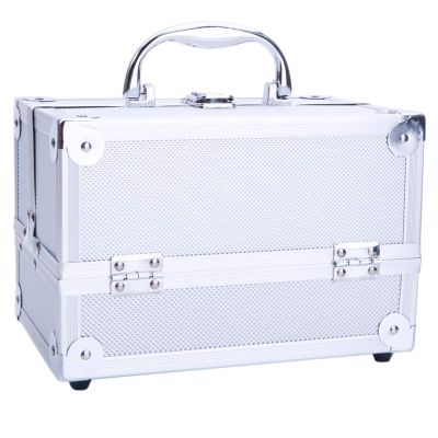Professional Makeup Train Case Aluminum Makeup Box, Portable Cosmetic Box Jewelry Organizer with Mirror, 2 Trays Makeup Storage Organizer Travel Makeup Organizer Case Large Makeup Storage Box