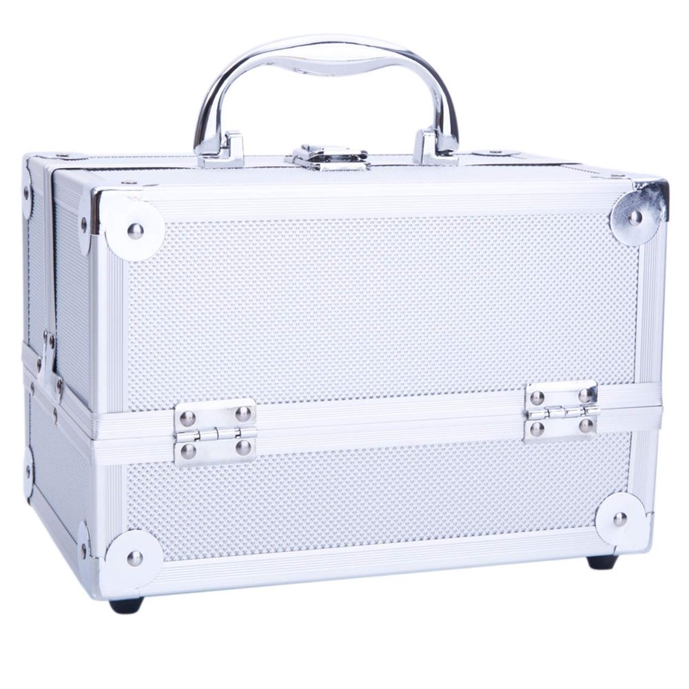 Professional Makeup Train Case Aluminum Makeup Box, Portable Cosmetic Box Jewelry Organizer with Mirror, 2 Trays Makeup Storage Organizer Travel Makeup Organizer Case Large Makeup Storage Box