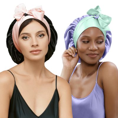 100% Mulberry Silk Bonnet for Curly Hair - Double Layer Silk Hair Wrap  Non-Slip Silk Turban Gift Idea - Reversible Hair Silk Bonnet for Sleeping Women - Silk Cap for Sleeping - Wonder Loop - 2 Pack