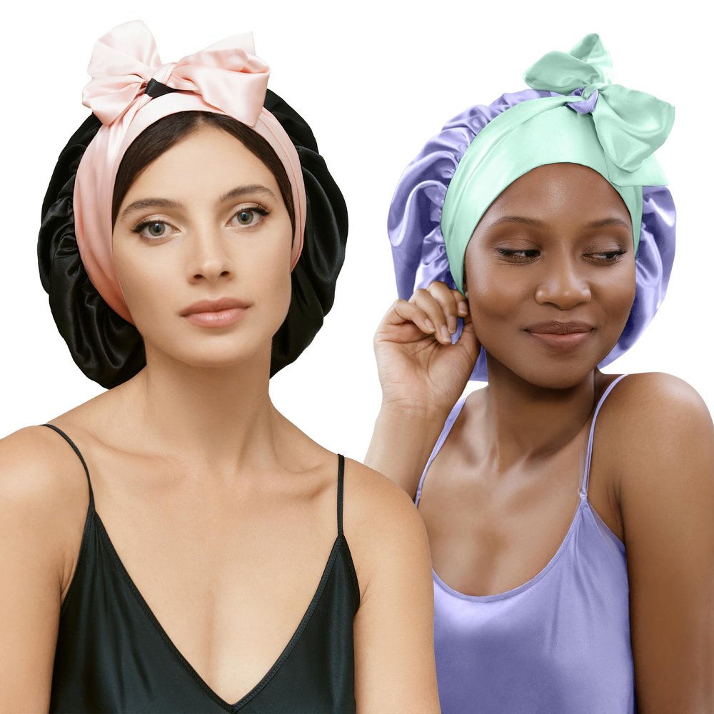 100% Mulberry Silk Bonnet for Curly Hair - Double Layer Silk Hair Wrap  Non-Slip Silk Turban Gift Idea - Reversible Hair Silk Bonnet for Sleeping Women - Silk Cap for Sleeping - Wonder Loop - 2 Pack