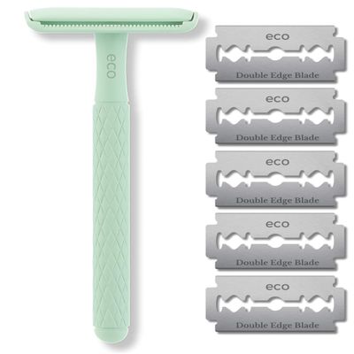 Eco Double Edge Metal Alloy Safety Razor for Women + 5 Double Edge Safety Razor Blade Refills, Reusable Razor for Shaving (Green (Matcha))