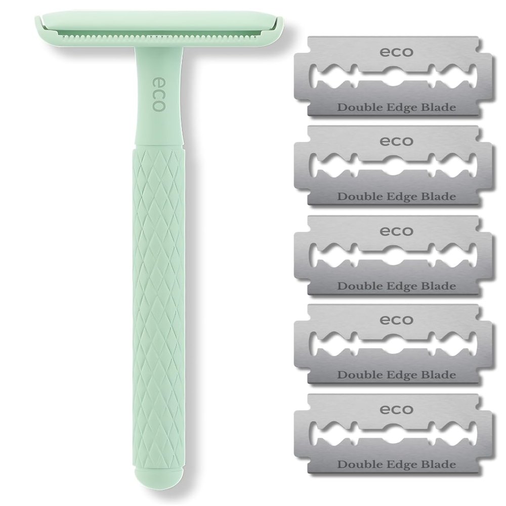 Eco Double Edge Metal Alloy Safety Razor for Women + 5 Double Edge Safety Razor Blade Refills, Reusable Razor for Shaving (Green (Matcha))