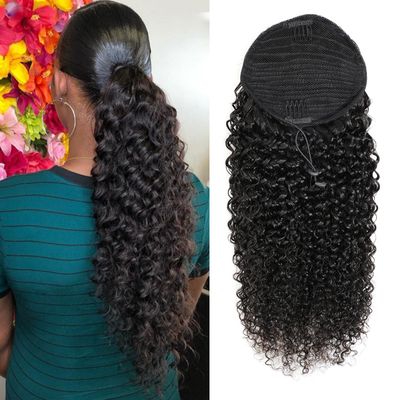 Human Hair Curly Ponytail Brazilian Kinky Curly Clip in Pony Tail Hair Extensions for Black Women Drawstring Ponytail Extensions Natural Black 24 Inch