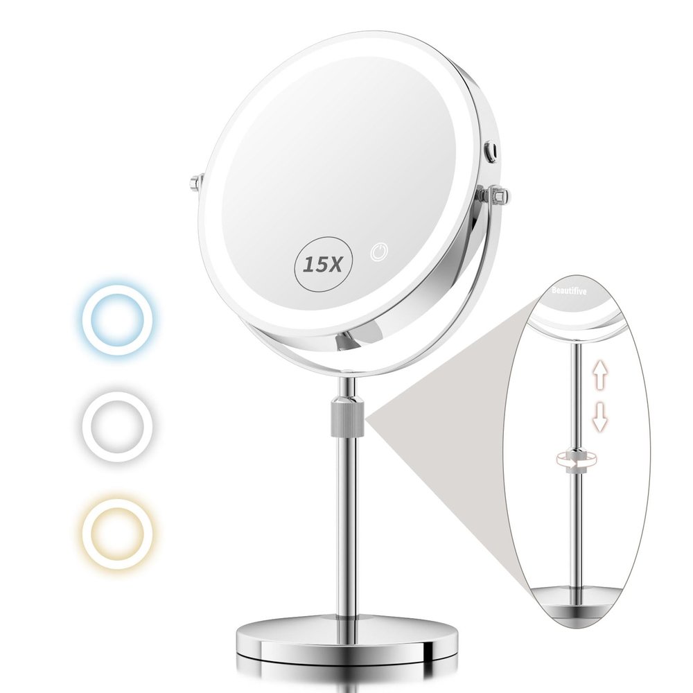 15X/1X Lighted Makeup Mirror with Magnification, 8 Rechargeable Magnifying Mirror with Lights, Adjustable Brightness Light Up Table Mirror with Adjustable Height, 360 Rotation Vanity Makeup Mirror