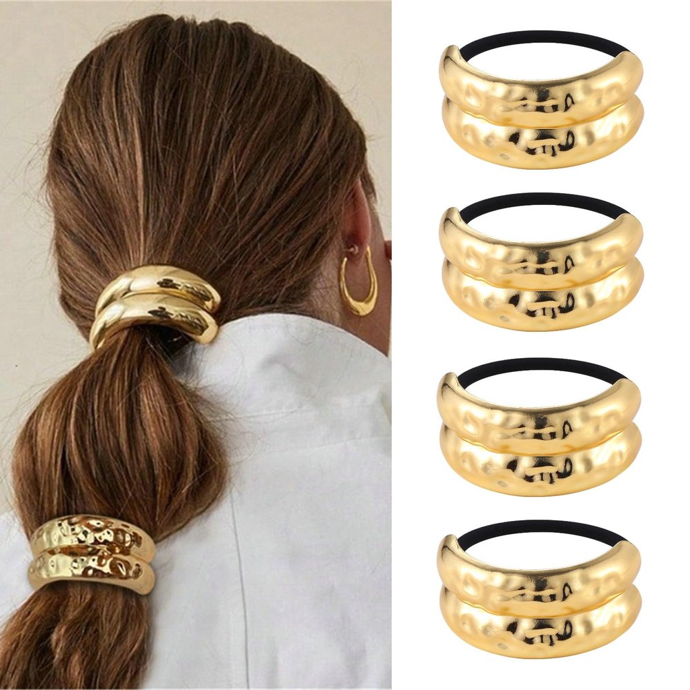 Papasgix Metal Hair Cuffs, Geometric Elastic Hair Ties for Thick Hair - Gold Ponytail Cuff Elastic Hair Ties (4pcs) Women's Accessories