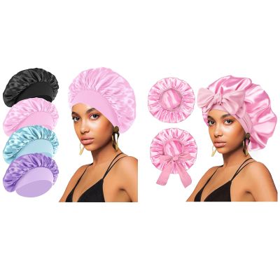(2Pcs + 4Pcs) Satin Silk Hair Bonnet for Sleeping,Large Bonnets with Elastic Wide Tie Band Silk Sleep Cap,Hair Wrap Night Cap with Adjustable Straps for Black Women Curly Hair Jumbo Bonnet Braid