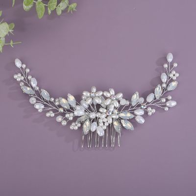 BERYUAN Bridal Rhinestone Pearls Hair Comb Flowers Pearls Rhinestone Wedding Headband Crystal Rhinestone Pearls Handmade Hair Comb for Wedding Bridal Women (opal)