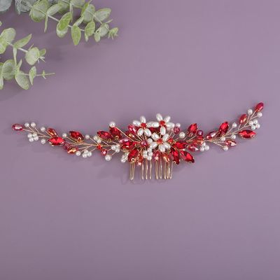 BERYUAN Bridal Rhinestone Pearls Hair Comb Flowers Pearls Rhinestone Wedding Headband Crystal Rhinestone Pearls Handmade Hair Comb for Wedding Bridal Women (red)