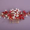 BERYUAN Bridal Rhinestone Pearls Hair Comb Flowers Pearls Rhinestone Wedding Headband Crystal Rhinestone Pearls Handmade Hair Comb for Wedding Bridal Women (red) view 4