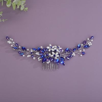BERYUAN Bridal Rhinestone Pearls Wedding Headband Crystal Rhinestone Pearls Handmade Hair Comb for Wedding Bridal Women (Blue)