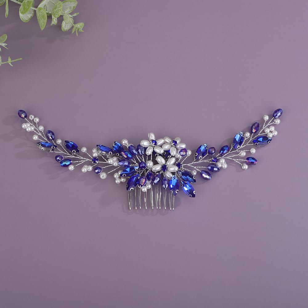 BERYUAN Bridal Rhinestone Pearls Wedding Headband Crystal Rhinestone Pearls Handmade Hair Comb for Wedding Bridal Women (Blue)