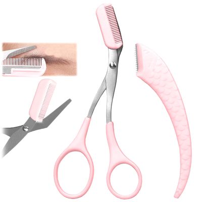 Eyebrow Trimmer Scissor, 2024 Upgraded Stainless Steel Eyebrow Scissors for Women or Men With CombNon-Slip Eyebrow Cutter Hair RemovalPortable Eyebrow Scissors (Pink scissors, spatula)