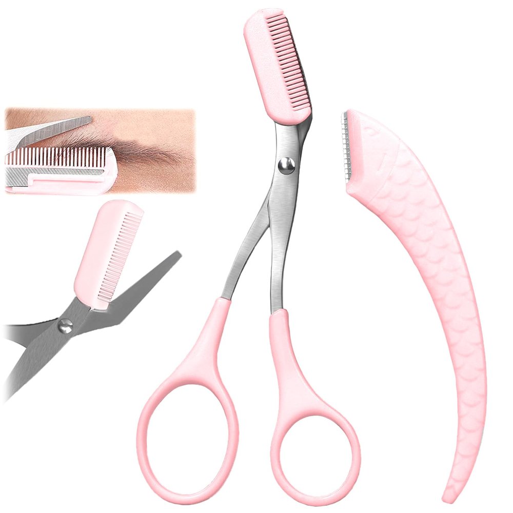 Eyebrow Trimmer Scissor, 2024 Upgraded Stainless Steel Eyebrow Scissors for Women or Men With CombNon-Slip Eyebrow Cutter Hair RemovalPortable Eyebrow Scissors (Pink scissors, spatula)