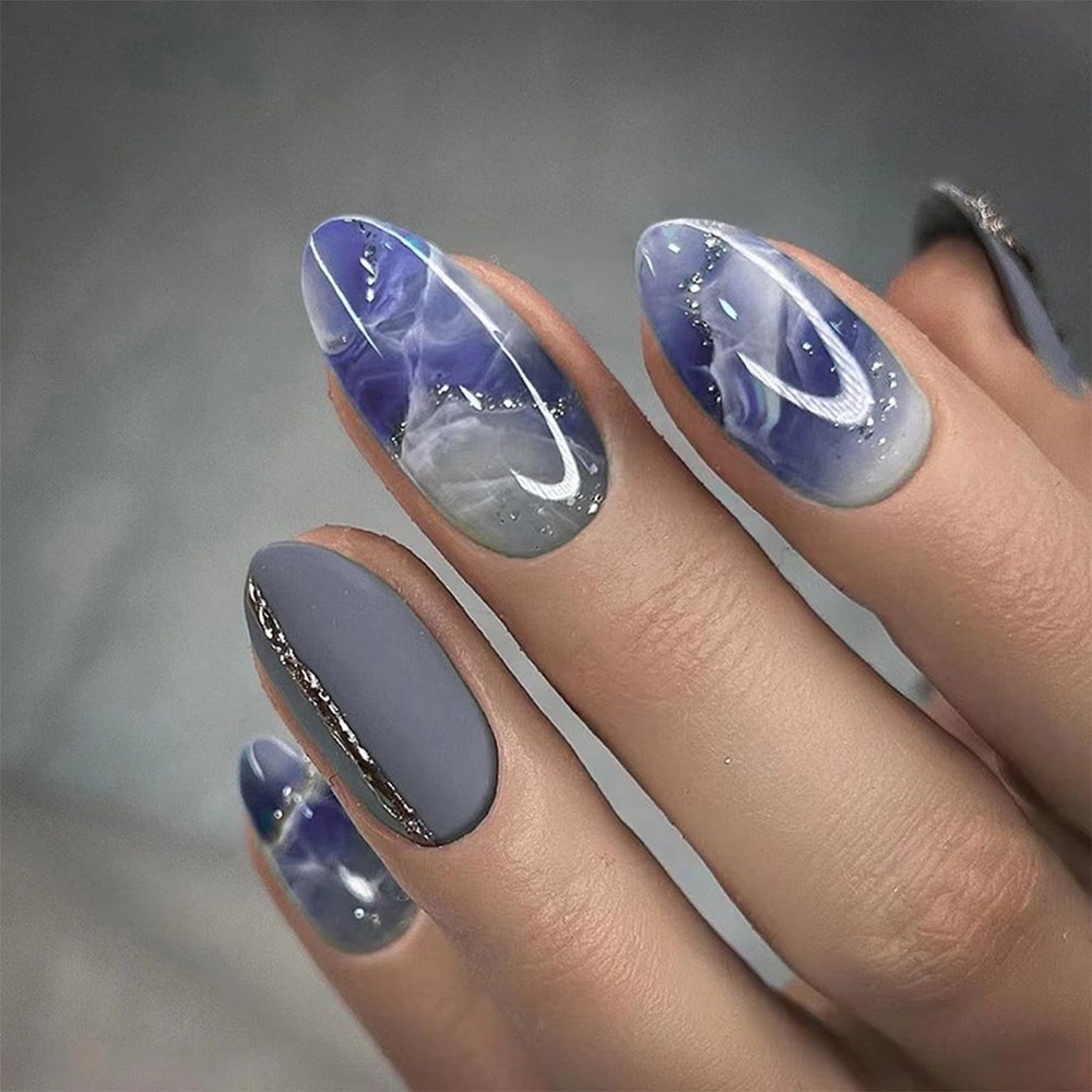 FRUJCDKI Medium Press on Nails-Almond False Nails, Color Halo, Marbled Patterns, Acrylic Fake Nails with Nail Glue, Perfectly Fitting and Reusable Stick-on Nails for Women and Girls (Purple, 24pcs)