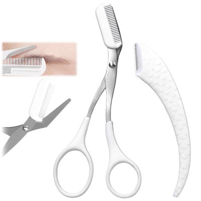 Eyebrow Trimmer Scissor, 2024 Upgraded Stainless Steel Eyebrow Scissors for Women or Men With CombNon-Slip Eyebrow Cutter Hair RemovalPortable Eyebrow Scissors (White scissors, spatula)