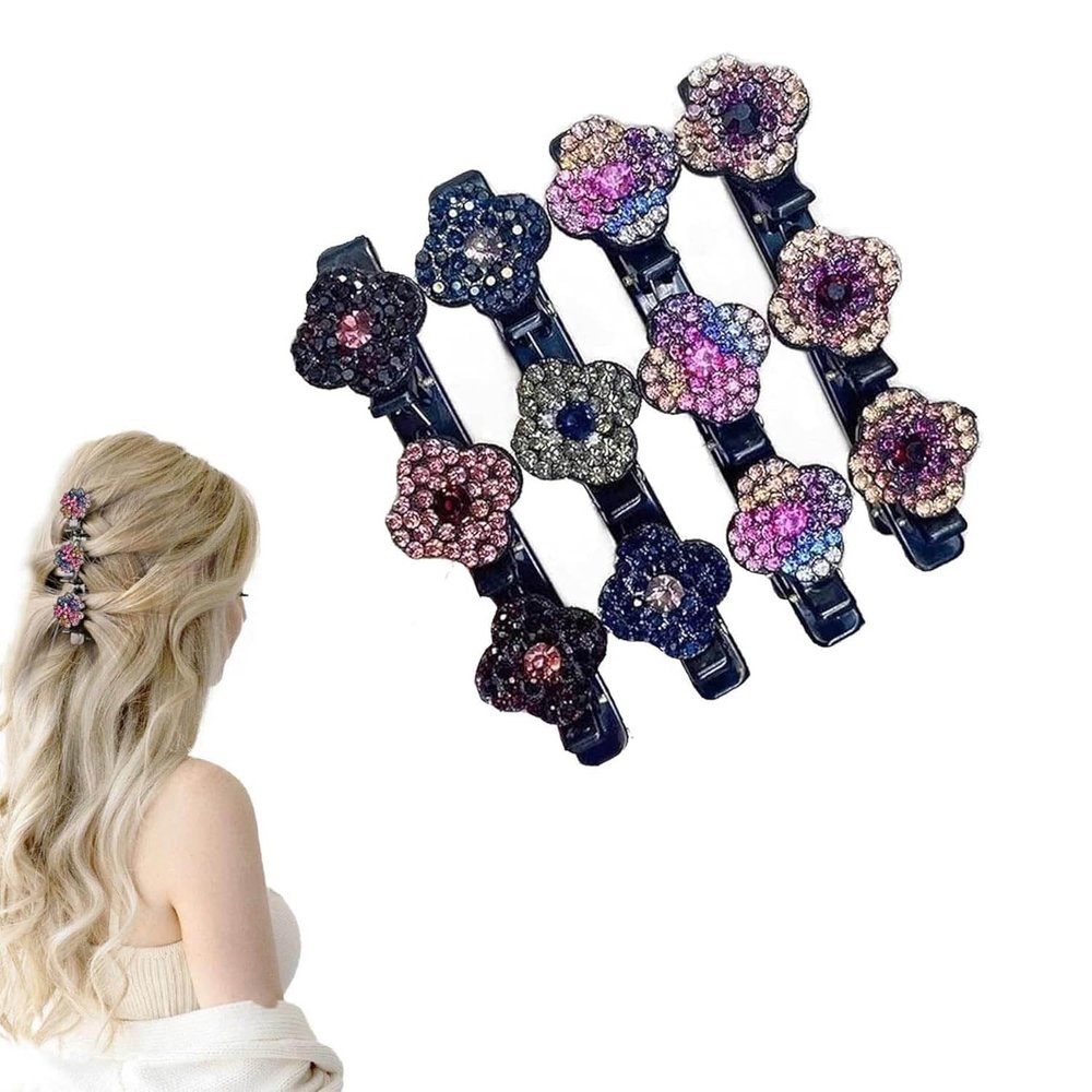 Newnewlooks Sparkling Crystal Stone Braided Hair Clips, 4pcs Rsvelte Triple Braided Hair Clips with 3 Small Clips for women, Small Rhinestone Hair Braid Clips (C)
