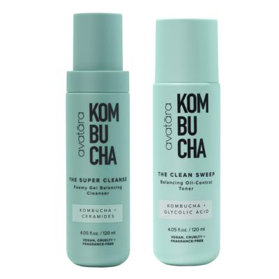 Avatara - Kombucha Cleansing Duo, The Super Cleanse Face Wash + The Clean Sweep Face Toner, Natural Skin-Balancing Cleanser and Face Exfoliator, Hydrating Skincare for Teens, Women, and Men