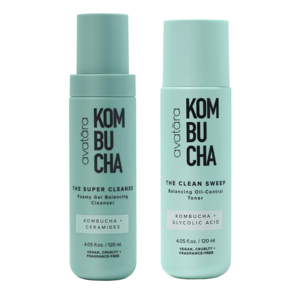 Avatara - Kombucha Cleansing Duo, The Super Cleanse Face Wash + The Clean Sweep Face Toner, Natural Skin-Balancing Cleanser and Face Exfoliator, Hydrating Skincare for Teens, Women, and Men