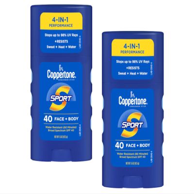 Coppertone Sport Sunscreen SPF 40 Face + Body, 4 in 1 Performance, 80 Minute Water Resistant, 1.5 oz (Pack of 2)